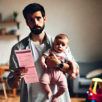 A New Dad Holding His Baby Holding A Pink Slip After A Layoff From His Job.